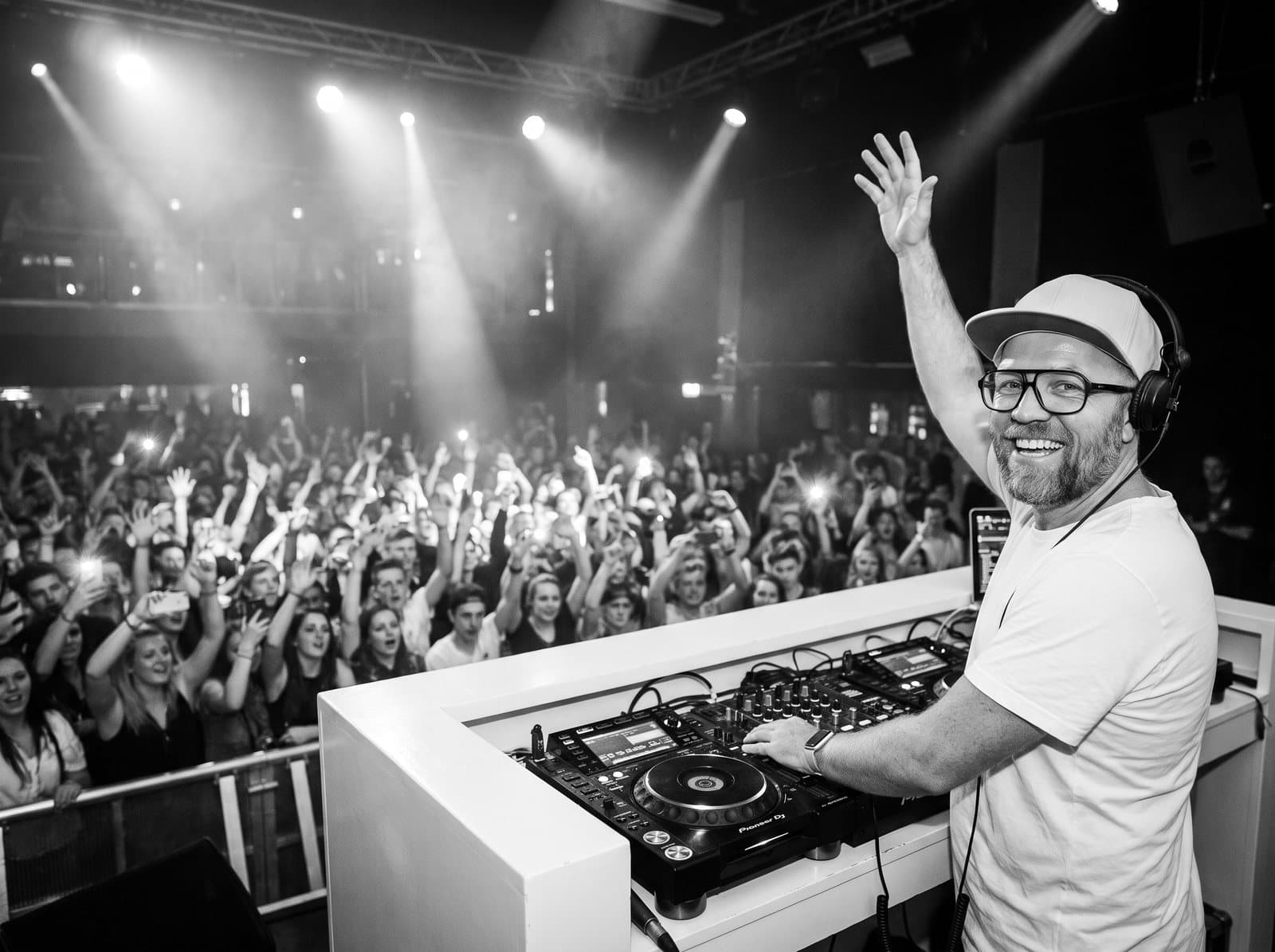 Michi Mann am DJ-Pult vor jubelndem Publikum