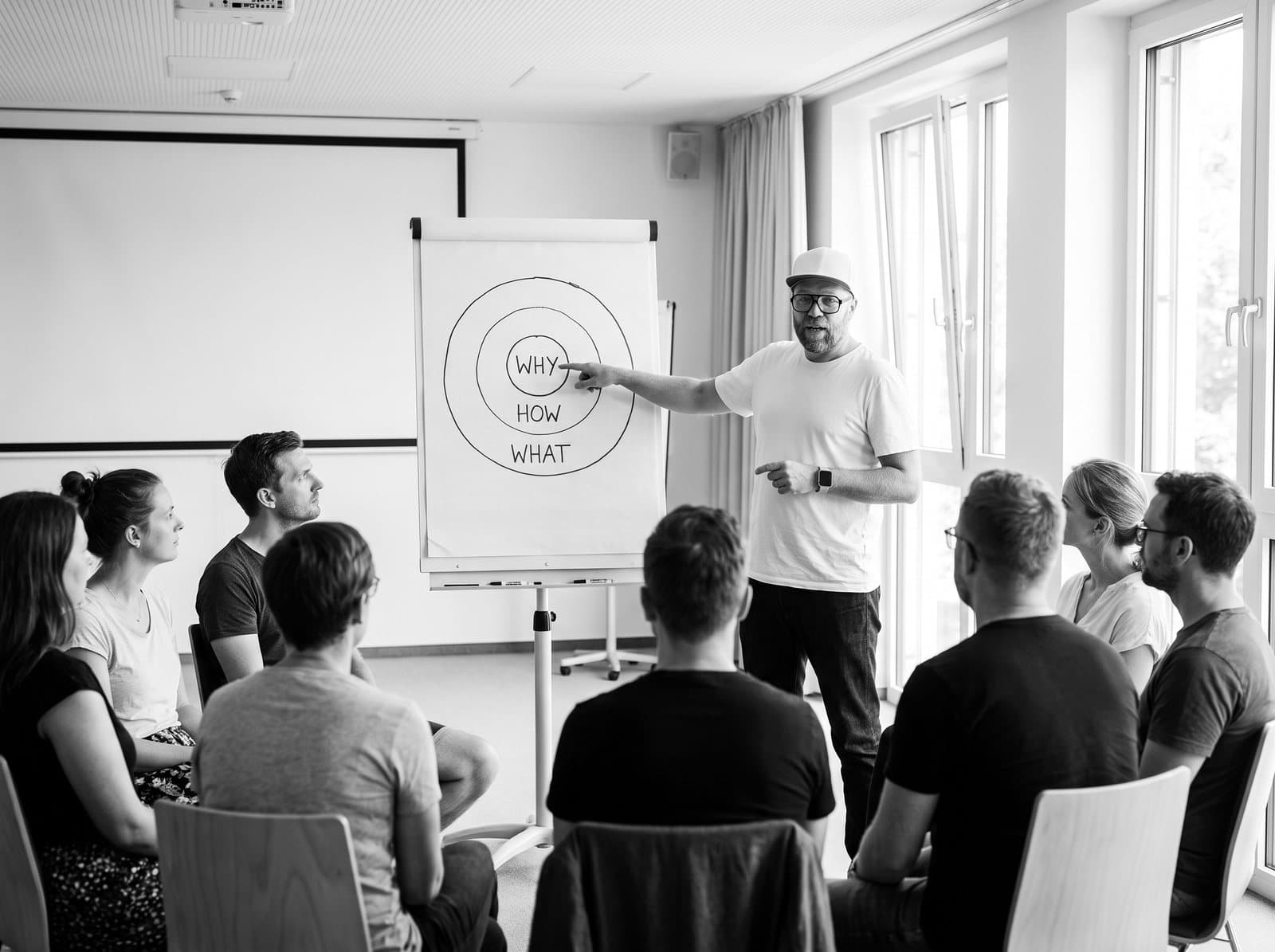 Michi Mann leitet einen Markenworkshop vor einer Gruppe
